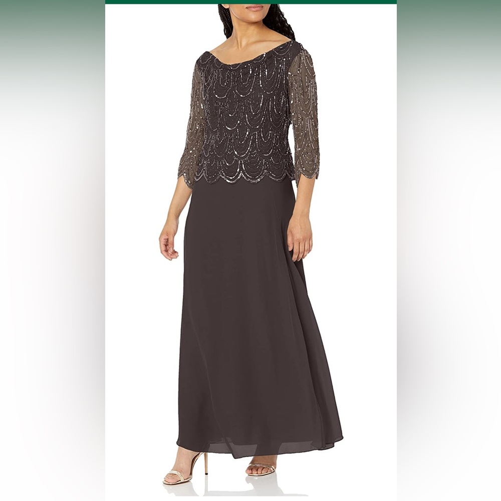 J Kara Women's 3/4 Scallop Beaded Pop Over Gown